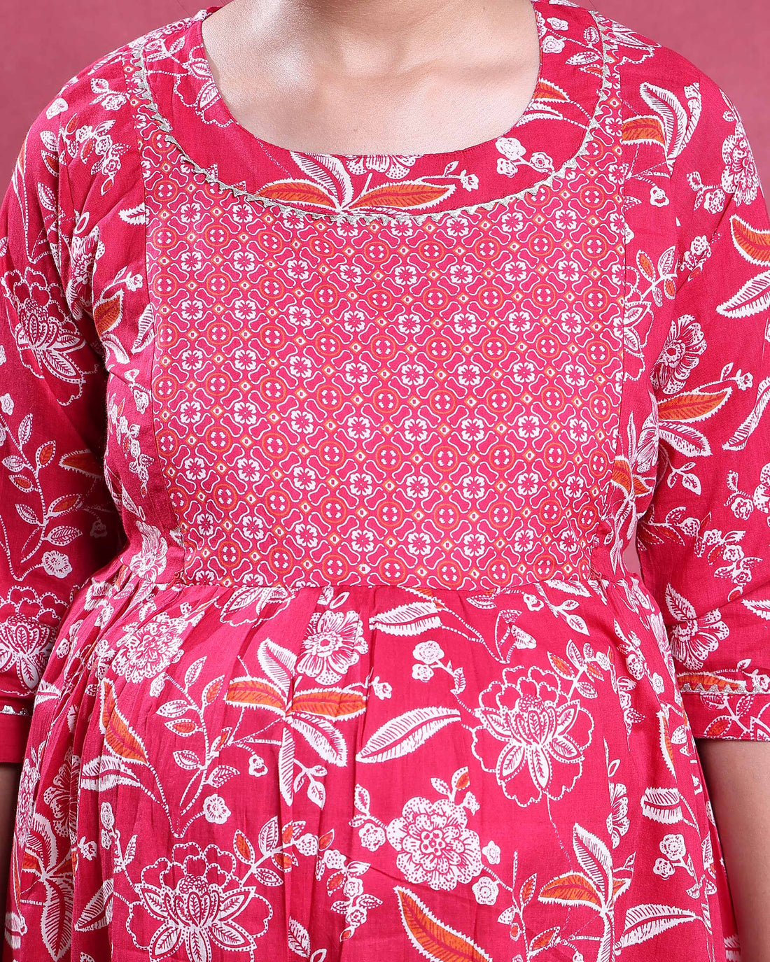 Women’s Floral Printed Maternity Feeding Dress with Concealed Zipper Nursing Access A-Line Fit Round Neck and 3/4th Sleeves -Red