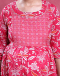 Women’s Floral Printed Maternity Feeding Dress with Concealed Zipper Nursing Access A-Line Fit Round Neck and 3/4th Sleeves -Red-Close Up