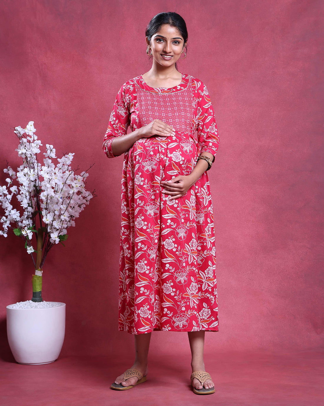 Women’s Floral Printed Maternity Feeding Dress with Concealed Zipper Nursing Access A-Line Fit Round Neck and 3/4th Sleeves -Red