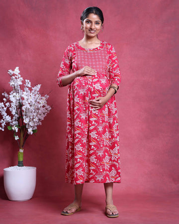 Women’s Floral Printed Maternity Feeding Dress with Concealed Zipper Nursing Access A-Line Fit Round Neck and 3/4th Sleeves -Red