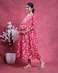 Women’s Floral Printed Maternity Feeding Dress with Concealed Zipper Nursing Access A-Line Fit Round Neck and 3/4th Sleeves -Right Side Image