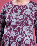 Women’s Floral Printed Maternity Feeding Dress with Concealed Zipper Nursing Access A-Line Fit Round Neck and 3/4th Sleeves - Burgundy-Close Up