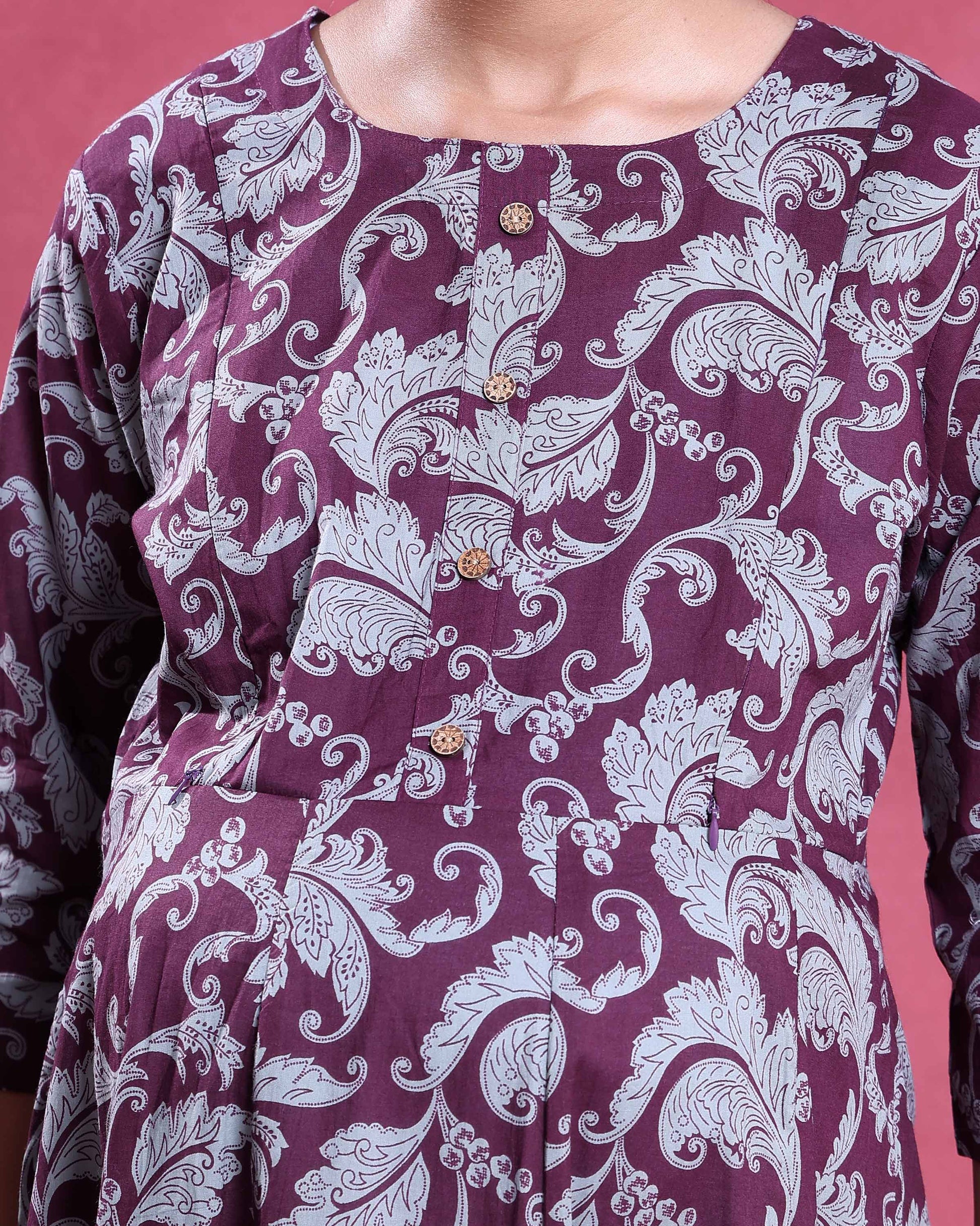 Women’s Floral Printed Maternity Feeding Dress with Concealed Zipper Nursing Access A-Line Fit Round Neck and 3/4th Sleeves - Burgundy-Close Up