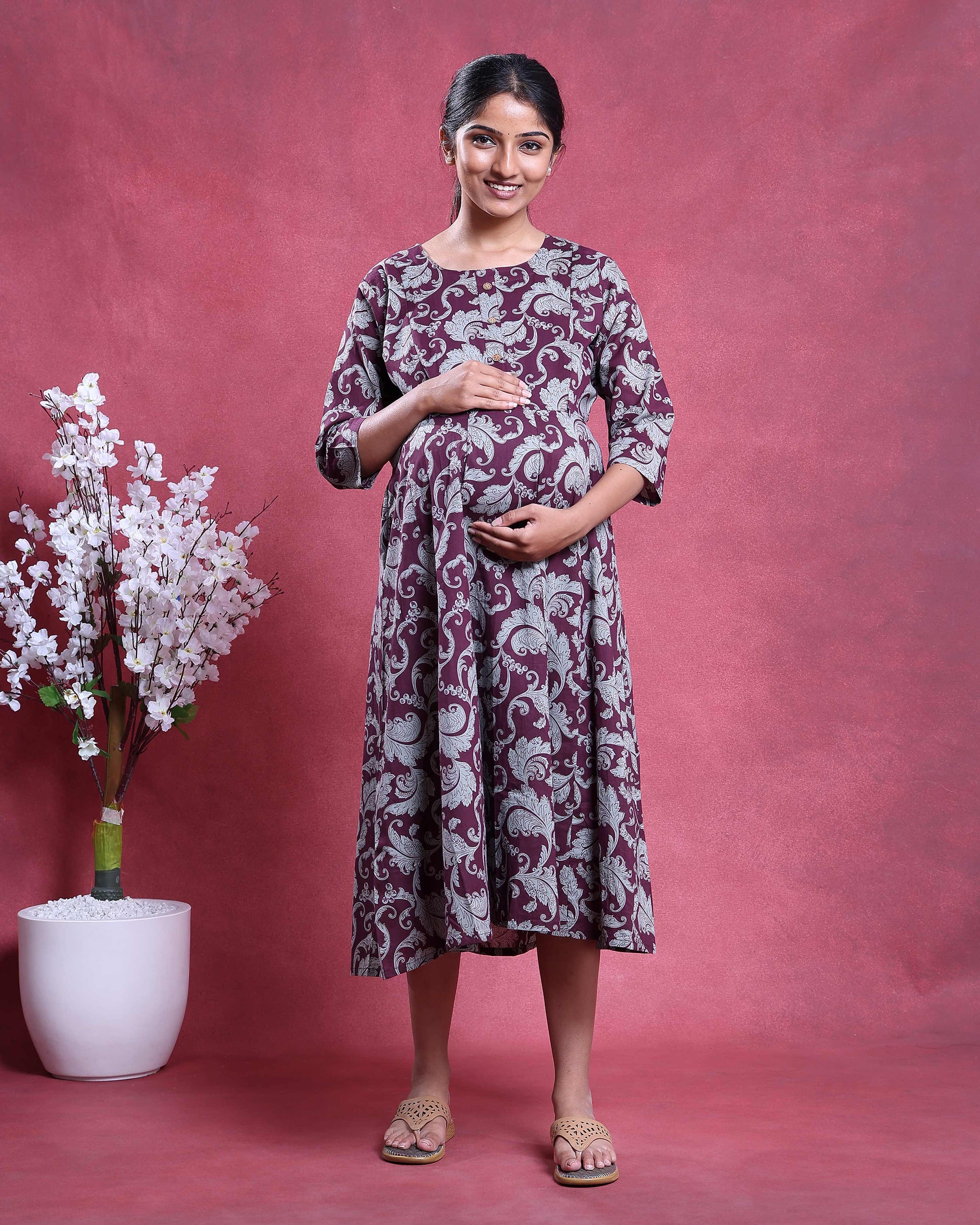 Women’s Floral Printed Maternity Feeding Dress with Concealed Zipper Nursing Access A-Line Fit Round Neck and 3/4th Sleeves - Burgundy