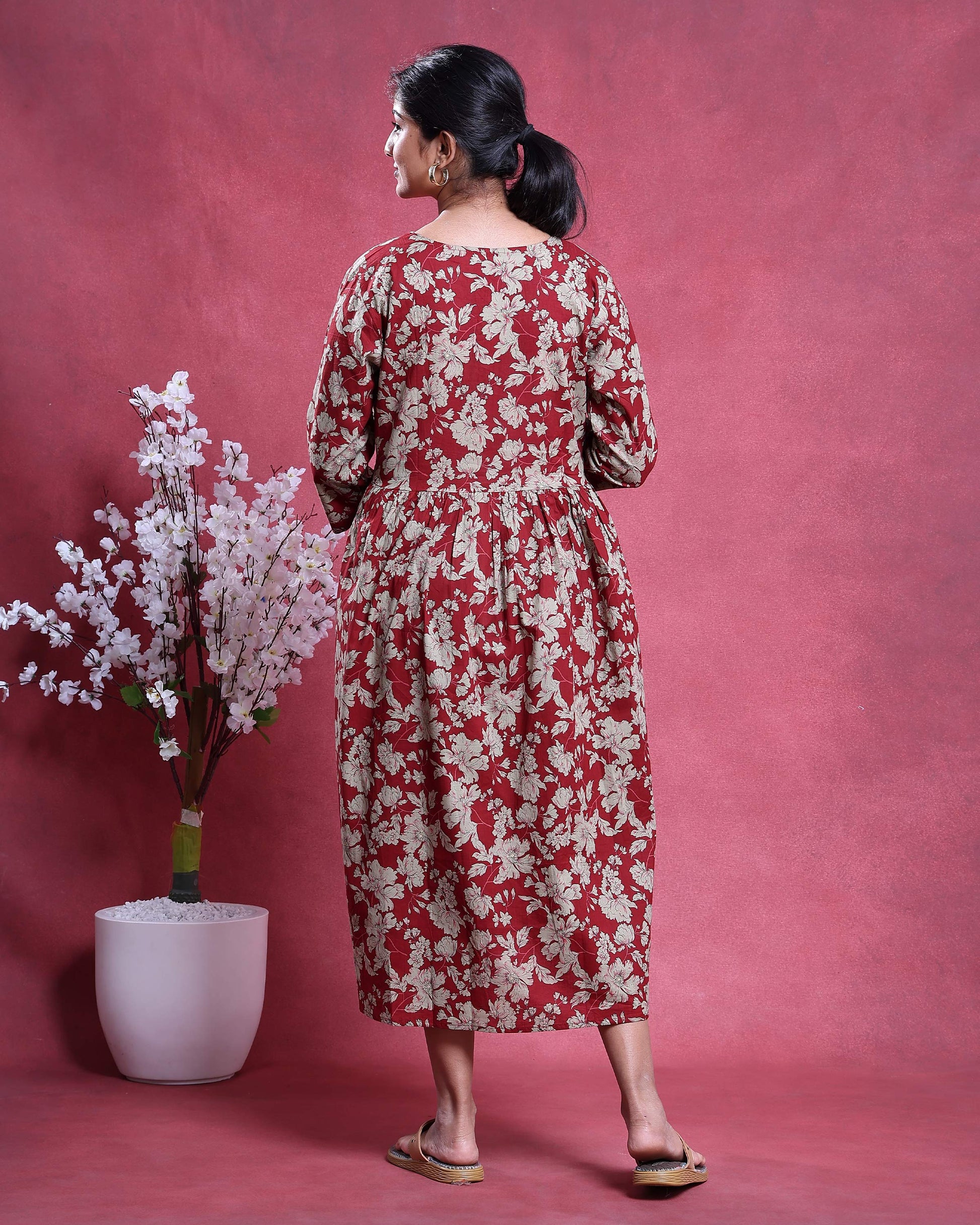 Women’s Floral Printed Maternity Feeding Dress with Concealed Zipper Nursing Access Gathered A-Line Fit Round Neck and 3/4th Sleeves -Back Side Image
