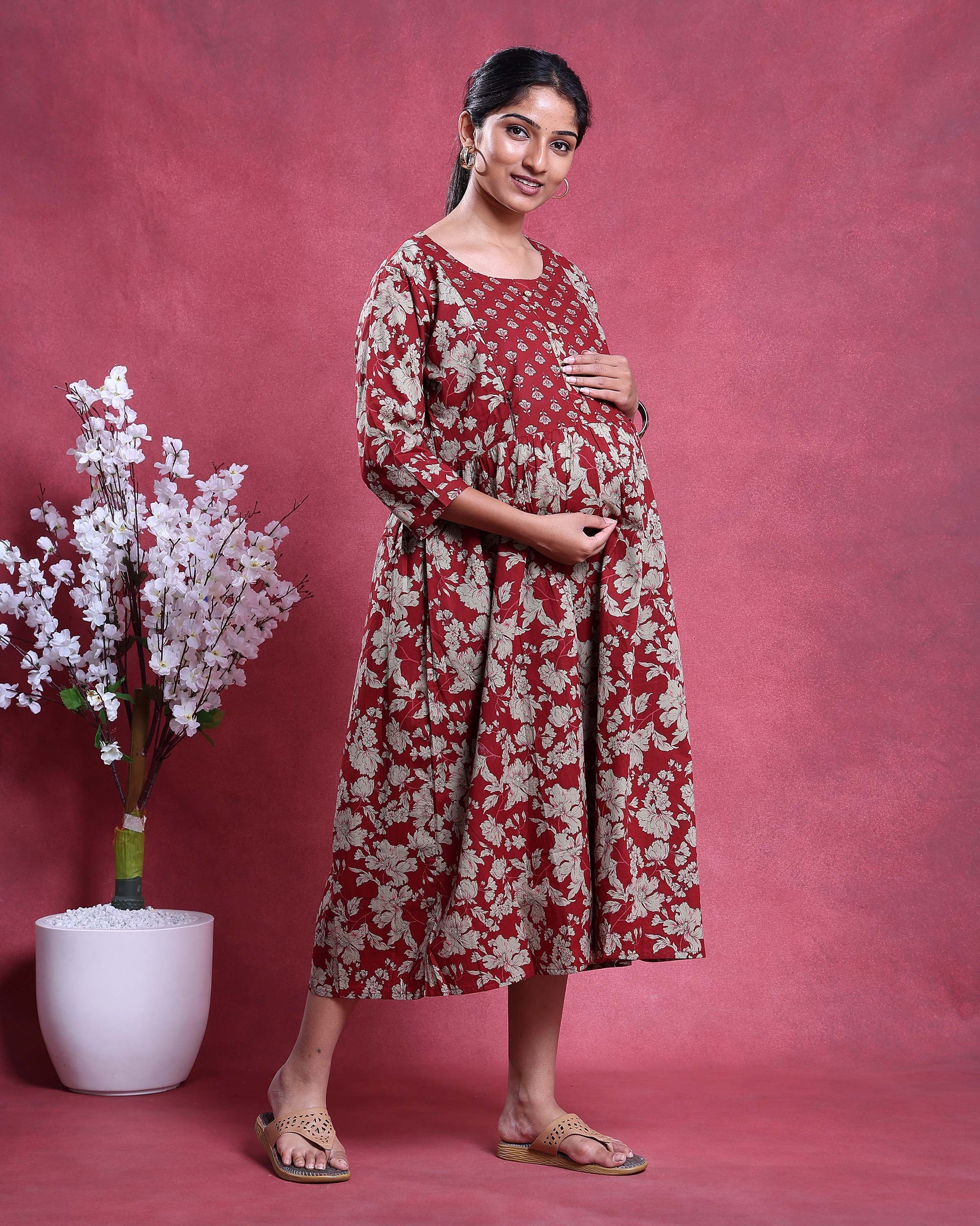 Women’s Floral Printed Maternity Feeding Dress with Concealed Zipper Nursing Access Gathered A-Line Fit Round Neck and 3/4th Sleeves -Left Side Image
