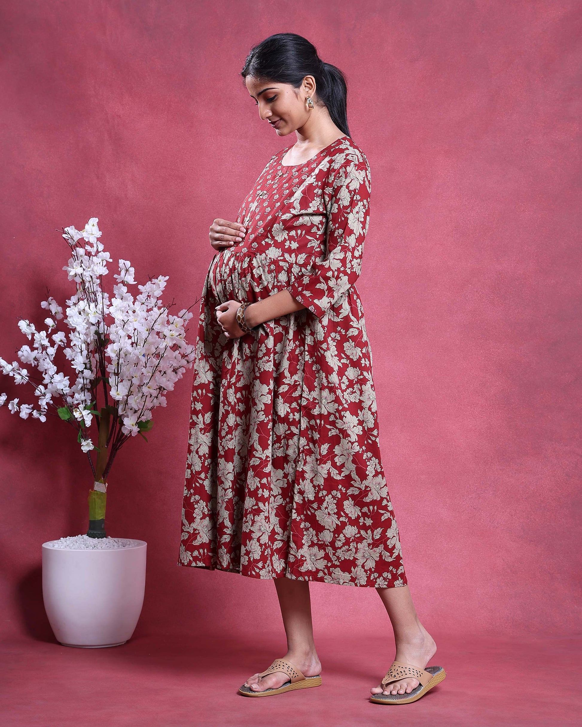 Women’s Floral Printed Maternity Feeding Dress with Concealed Zipper Nursing Access Gathered A-Line Fit Round Neck and 3/4th Sleeves -Right Side Image