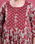 Women’s Floral Printed Maternity Feeding Dress with Concealed Zipper Nursing Access Gathered A-Line Fit Round Neck and 3/4th Sleeves - Red-Close Up