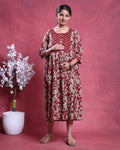 Women’s Floral Printed Maternity Feeding Dress with Concealed Zipper Nursing Access Gathered A-Line Fit Round Neck and 3/4th Sleeves - Red