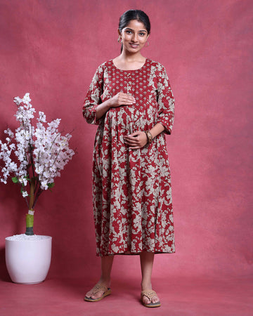 Women’s Floral Printed Maternity Feeding Dress with Concealed Zipper Nursing Access Gathered A-Line Fit Round Neck and 3/4th Sleeves - Red