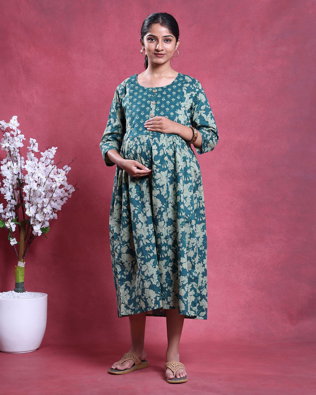 Women’s Floral Printed Maternity Feeding Dress with Concealed Zipper Nursing Access Gathered A-Line Fit Round Neck and 3/4th Sleeves - Teal