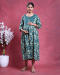 Women’s Printed Maternity Knee Length Feeding Dress with Round Neck and 3/4th Sleeves, Dark Green/Teal