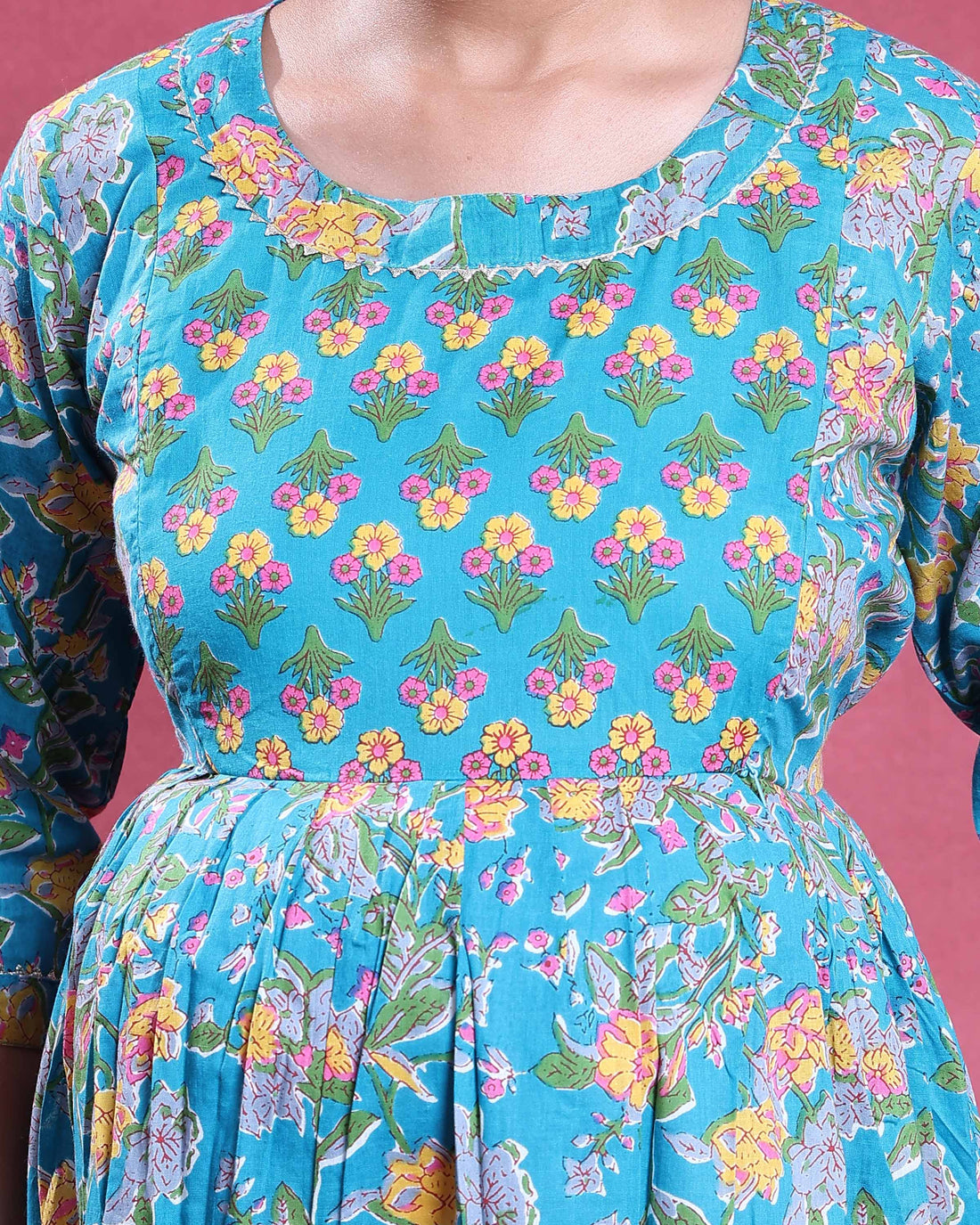 Women’s Floral Printed Maternity Feeding Dress with Gathered Empire Waist Relaxed A-Line Fit Round Neck & 3/4th Sleeves - Turquoise