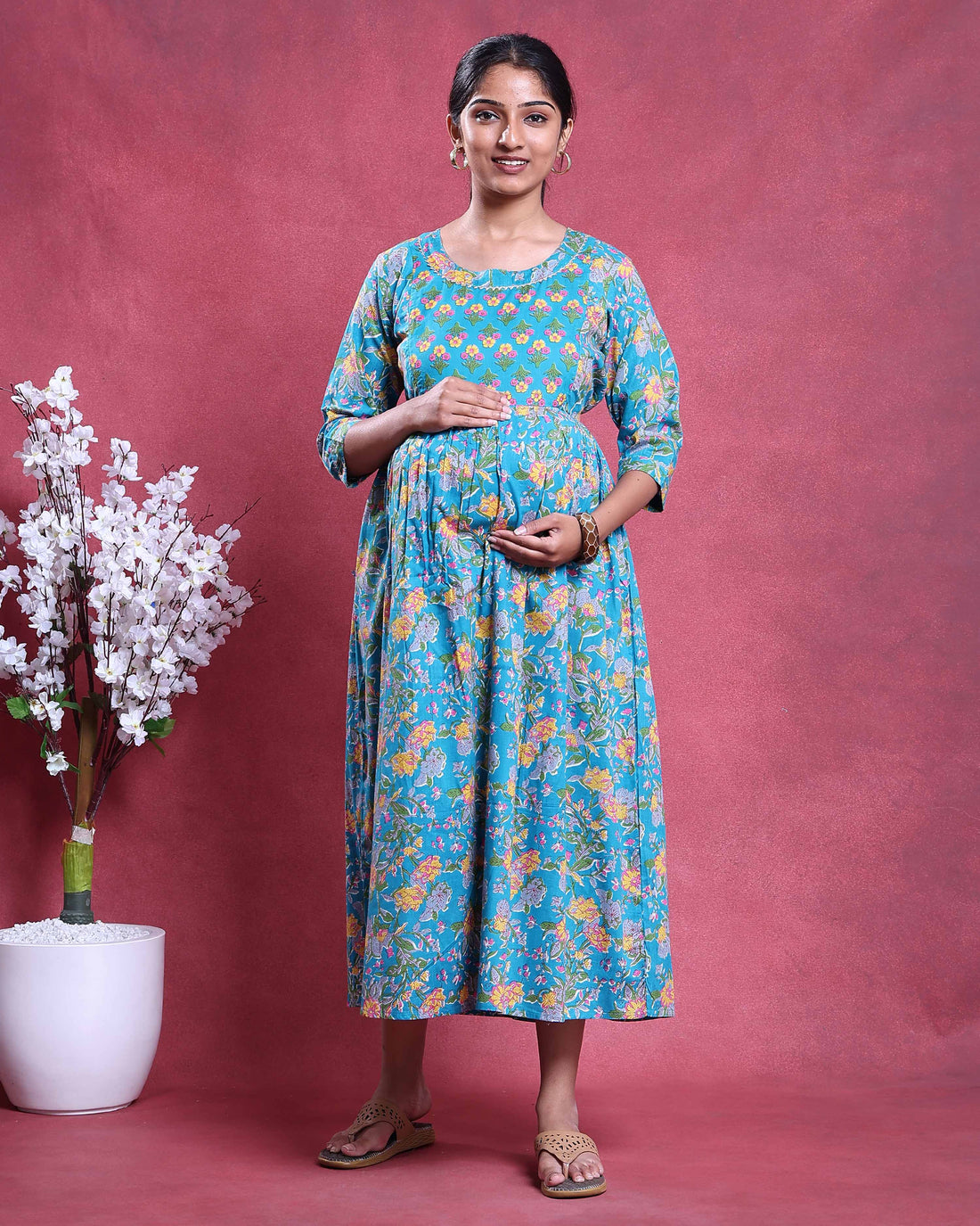Women’s Floral Printed Maternity Feeding Dress with Gathered Empire Waist Relaxed A-Line Fit Round Neck & 3/4th Sleeves - Turquoise