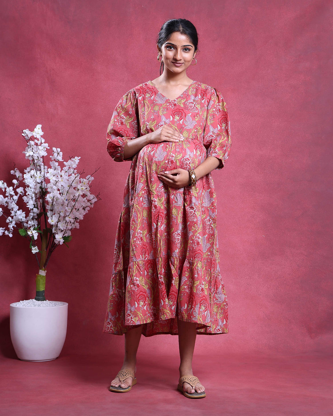 Women’s Floral Printed Maternity Feeding Dress with Hidden Zipper Nursing Access A-Line Tiered Fit V-Neck and Puff Sleeves - Coral Pink