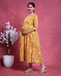 Women’s Floral Printed Maternity Feeding Dress with Round Neck 3/4th  Sleeves and Comfortable Empire Waist - Yellow