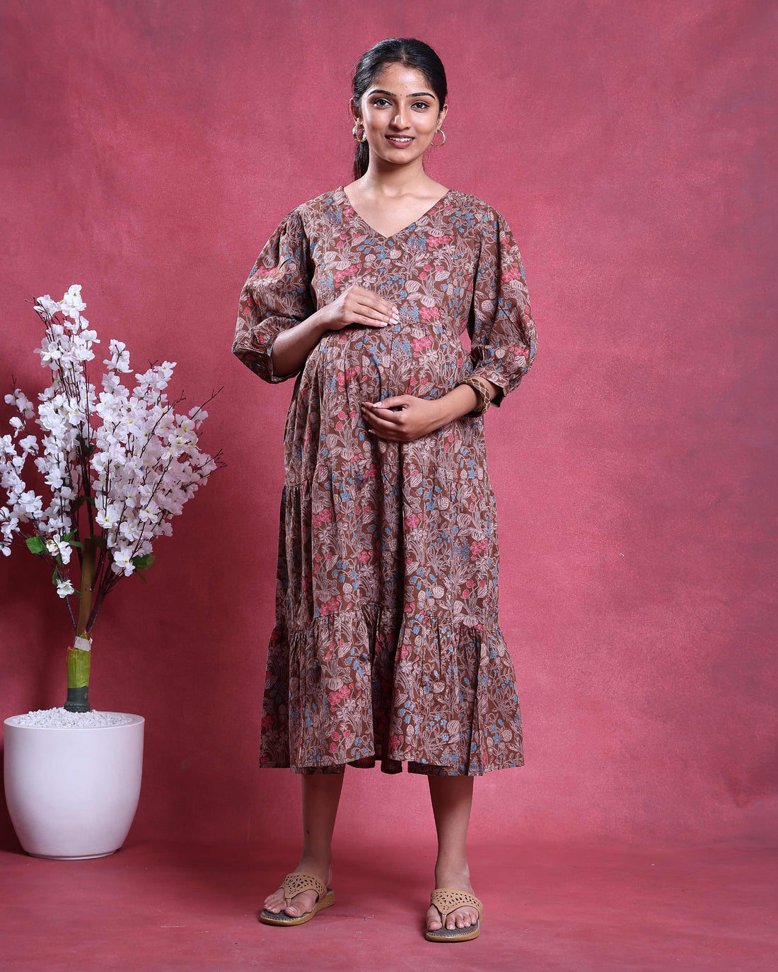 Women’s Floral Printed Maternity Feeding Dress with V-Neck Puff Sleeves and Tiered Flared Silhouette - Brown