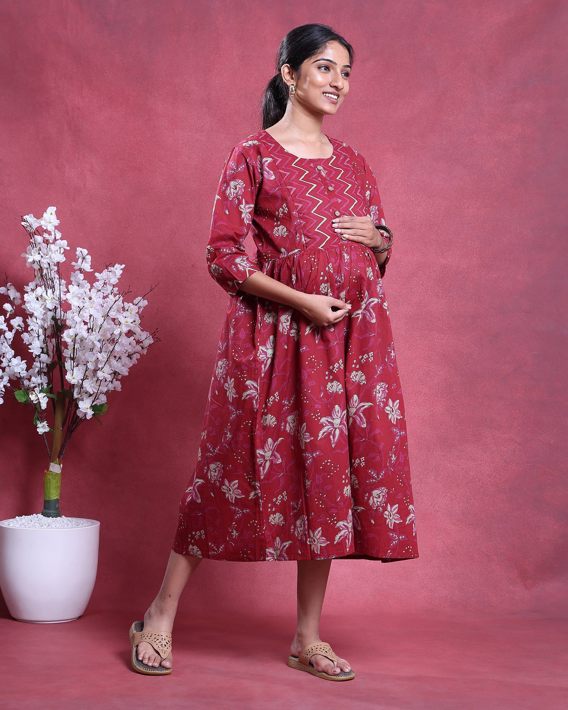 Women’s Floral Printed Maternity Feeding Kurta with Round Neck Front Button Placket & 3/4th Sleeves - Left Side Image