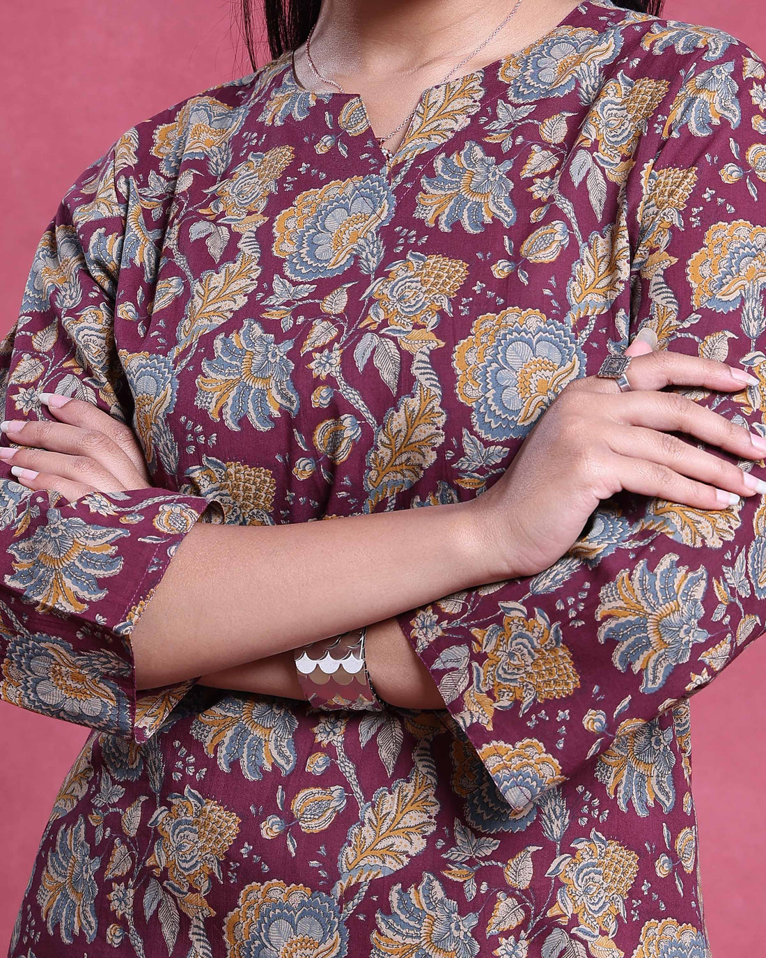 Women’s Floral Printed Nightwear Set with 3/4th Sleeve Top and Straight Fit Pants - Maroon