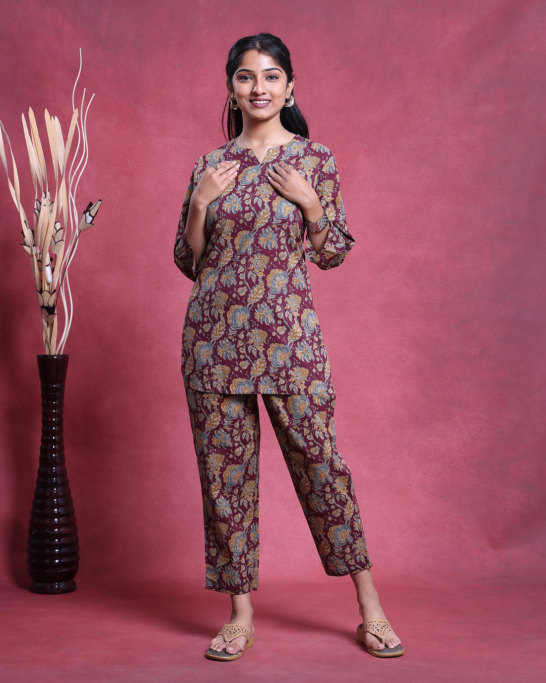 Women’s Floral Printed Nightwear Set with 3/4th Sleeve Top and Straight Fit Pants - Maroon