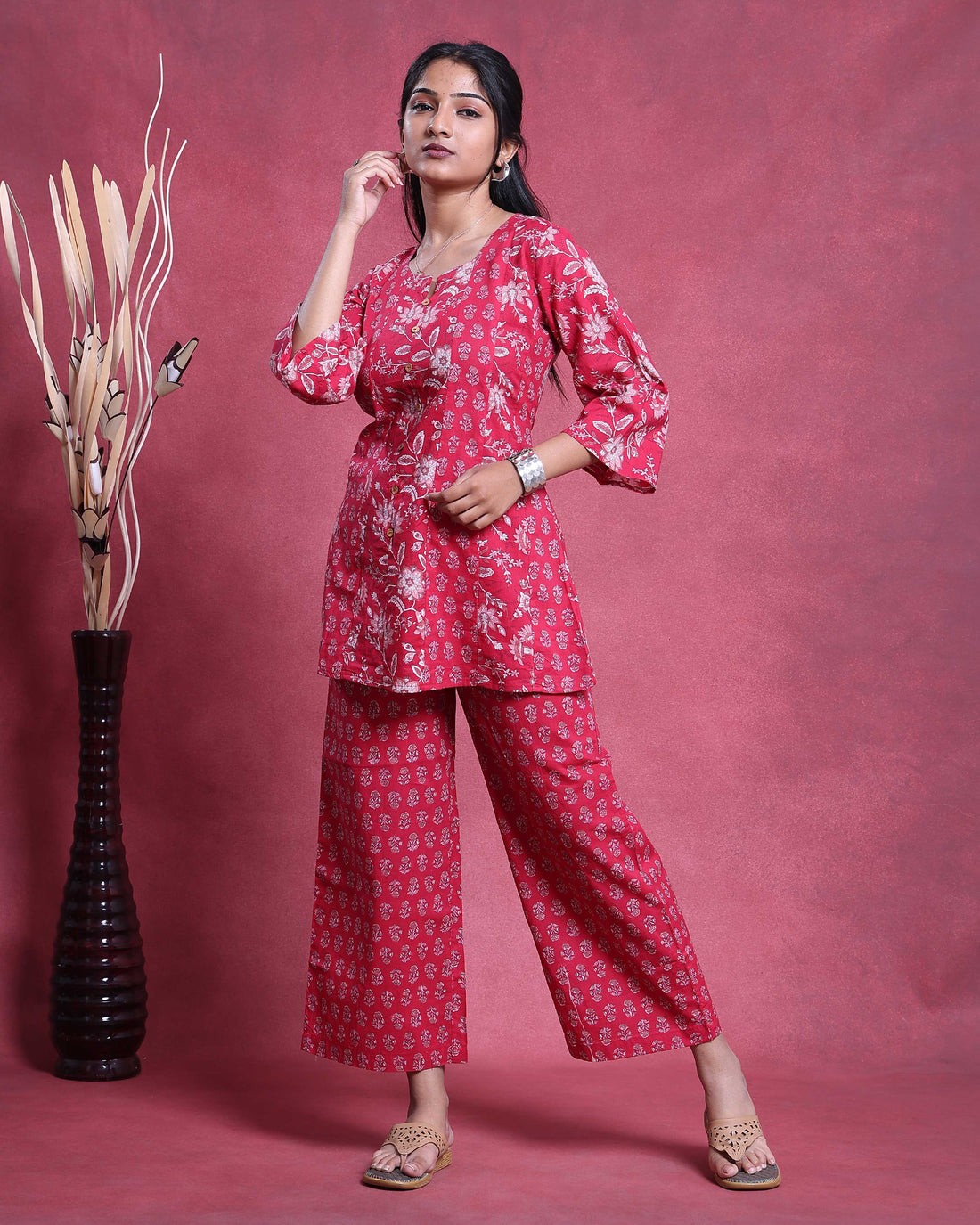Women’s Floral Printed Nightwear Set with Button Front Top and Relaxed Fit Wide Leg Pants - Red