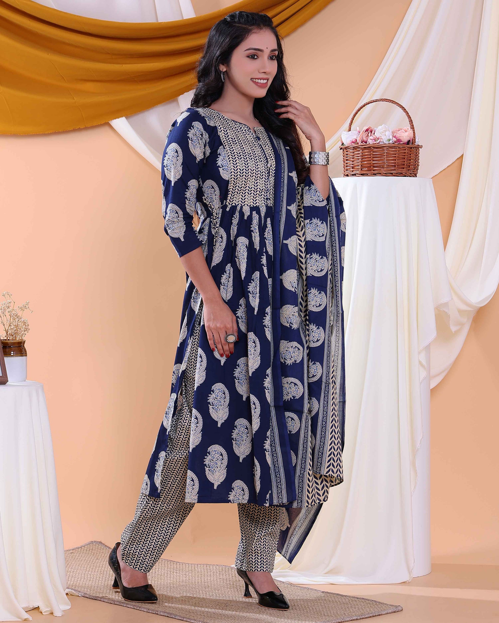 Women's Floral Printed Readymade Salwar Suit with Stylish Design and Comfortable Fit - Navy Blue