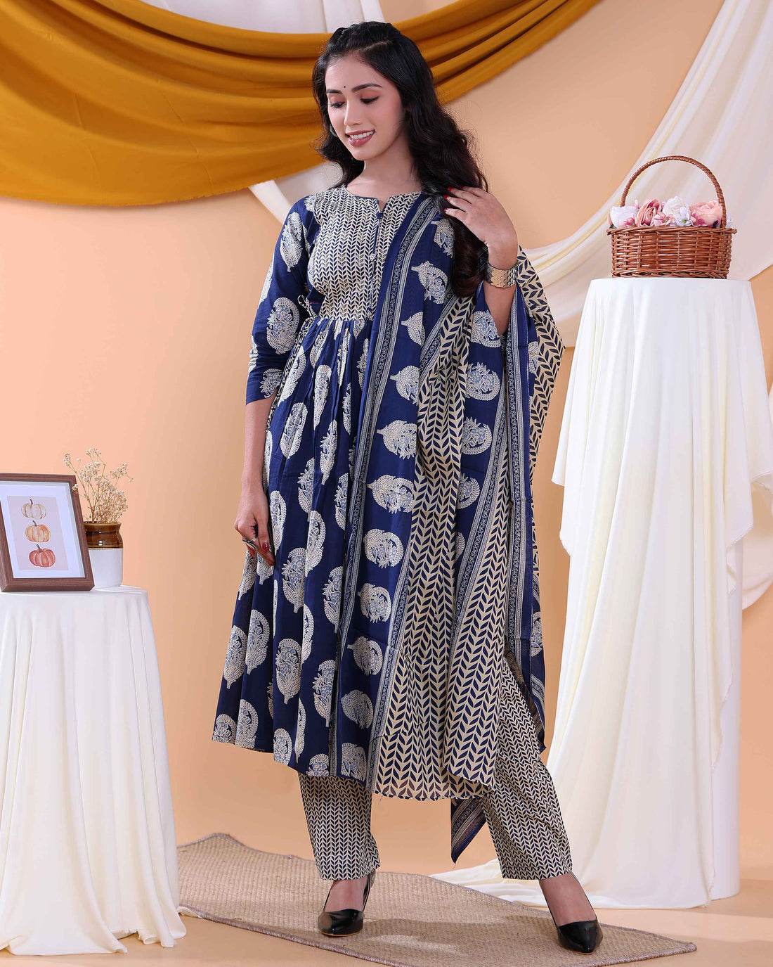Women's Floral Printed Readymade Salwar Suit with Stylish Design and Comfortable Fit - Navy Blue