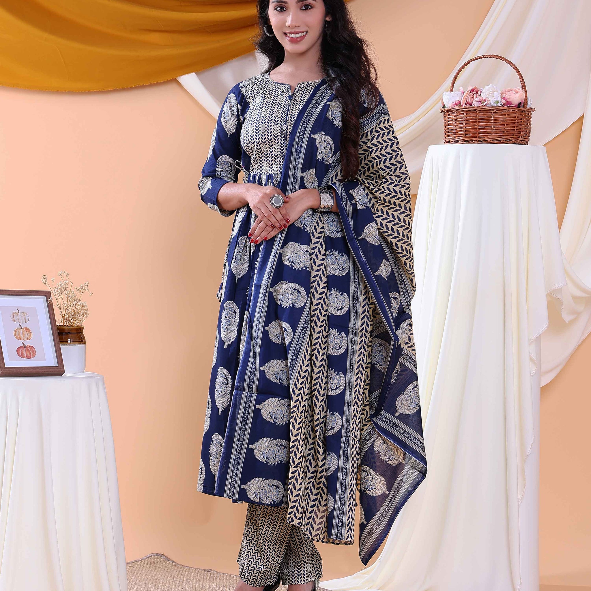 Women's Floral Printed Readymade Salwar Suit with Stylish Design and Comfortable Fit - Navy Blue
