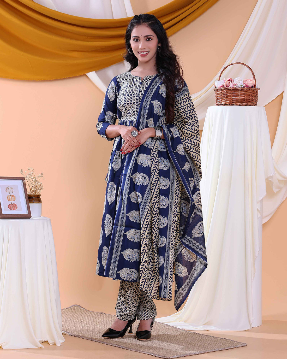 Women's Floral Printed Readymade Salwar Suit with Stylish Design and Comfortable Fit - Navy Blue