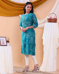 Women's Floral Printed Straight Kurta with 3/4th  Sleeves - Blue