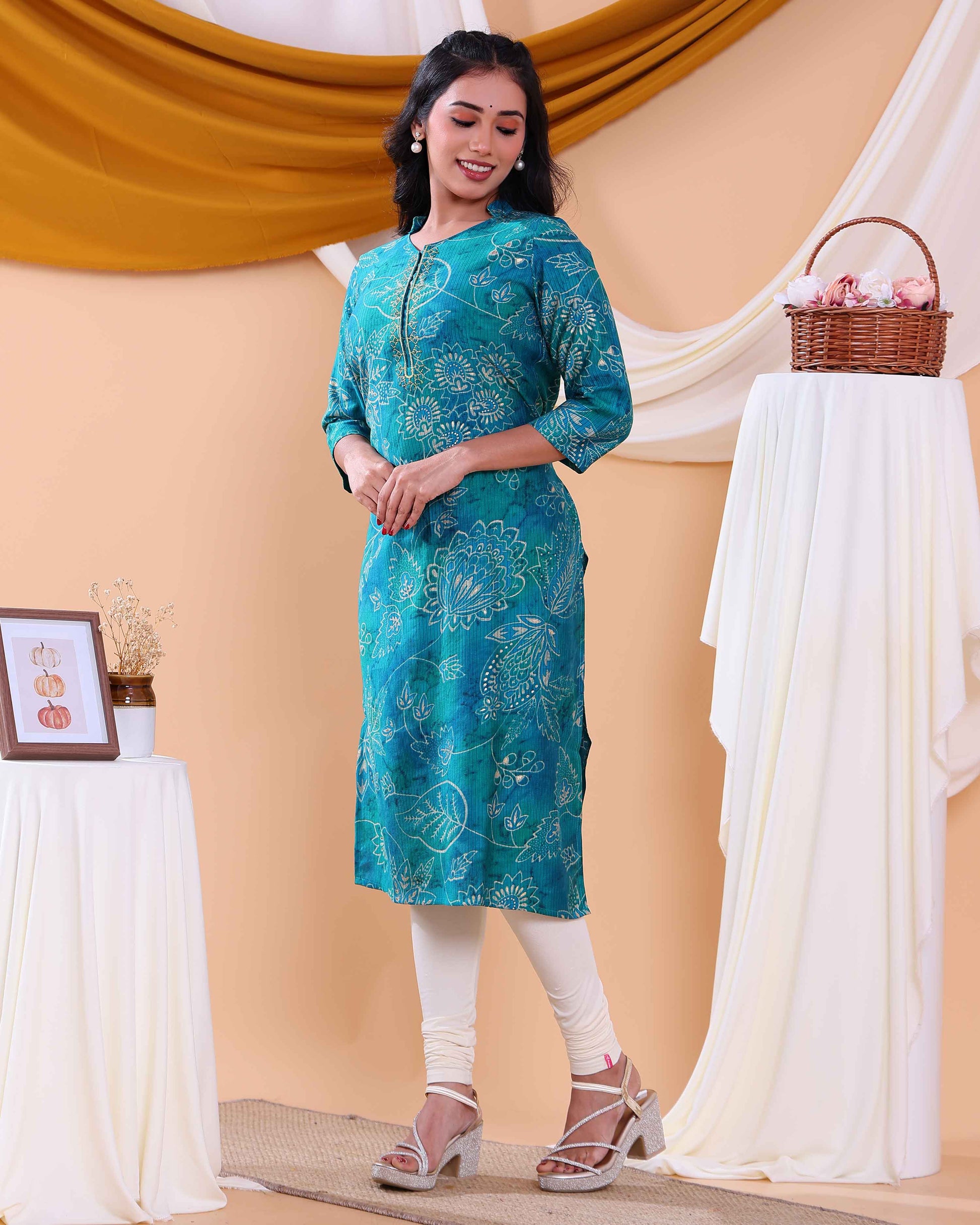 Women's Floral Printed Straight Kurta with 3/4th  Sleeves - Blue