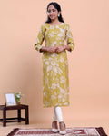 Women's Floral Printed Straight Kurta With 3/4th Sleeve -Light Green