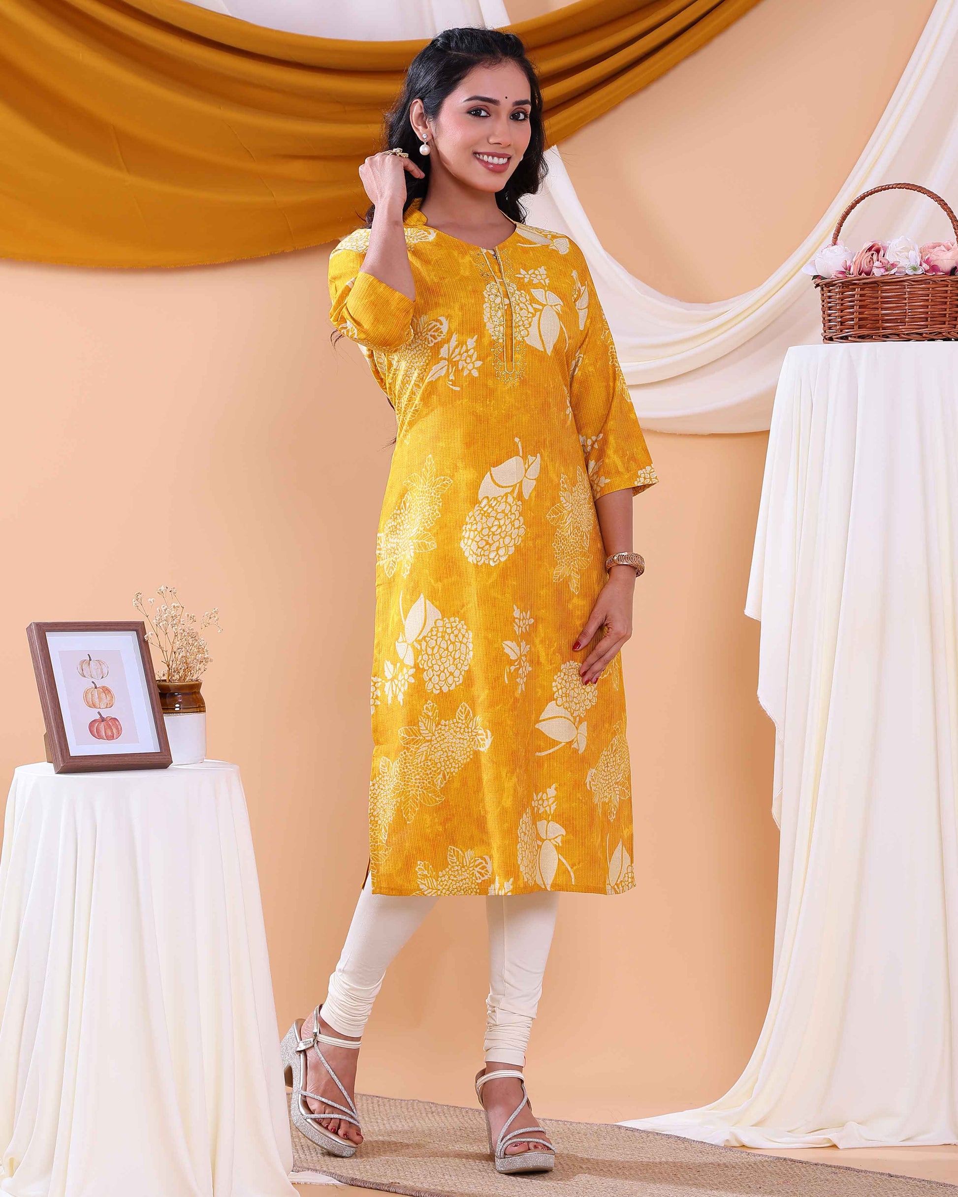Women's Floral Printed Straight Kurta with 3/4th  Sleeves - Yellow-Side