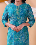Women's Floral Printed Straight Kurta with 3/4th  Sleeves - Blue-Close