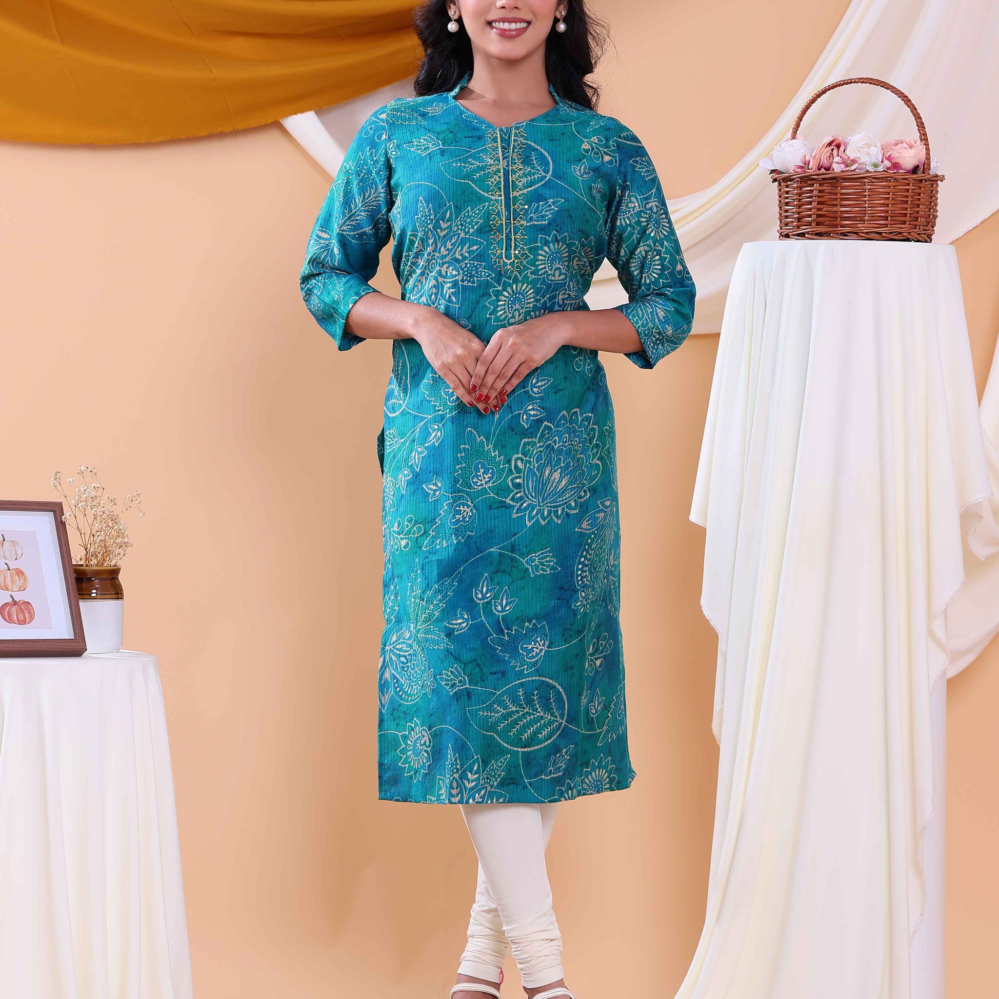 Women's Floral Printed Straight Kurta with 3/4th  Sleeves - Blue