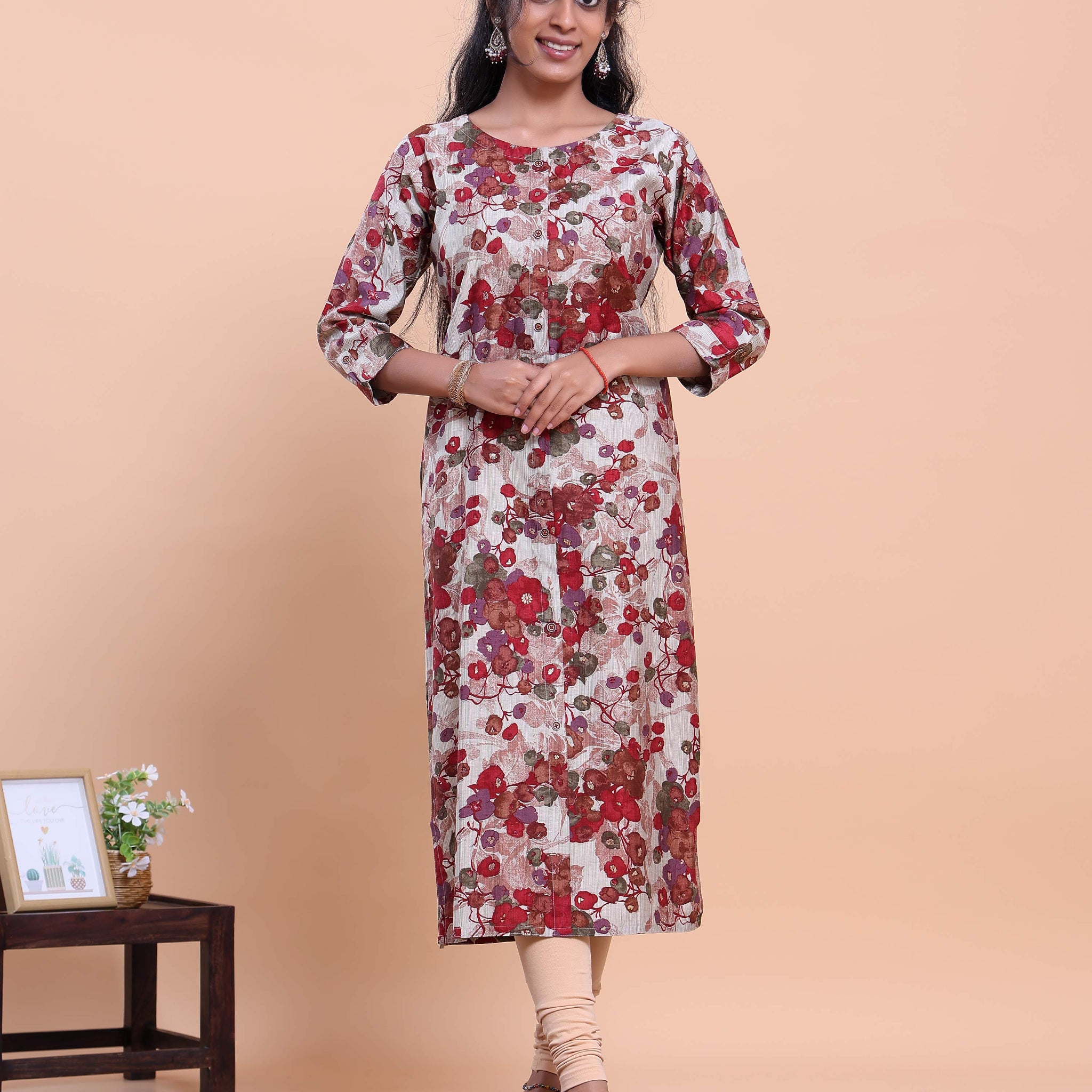 Women's Floral Printed Straight Kurta with 3/4th Sleeves - Off White