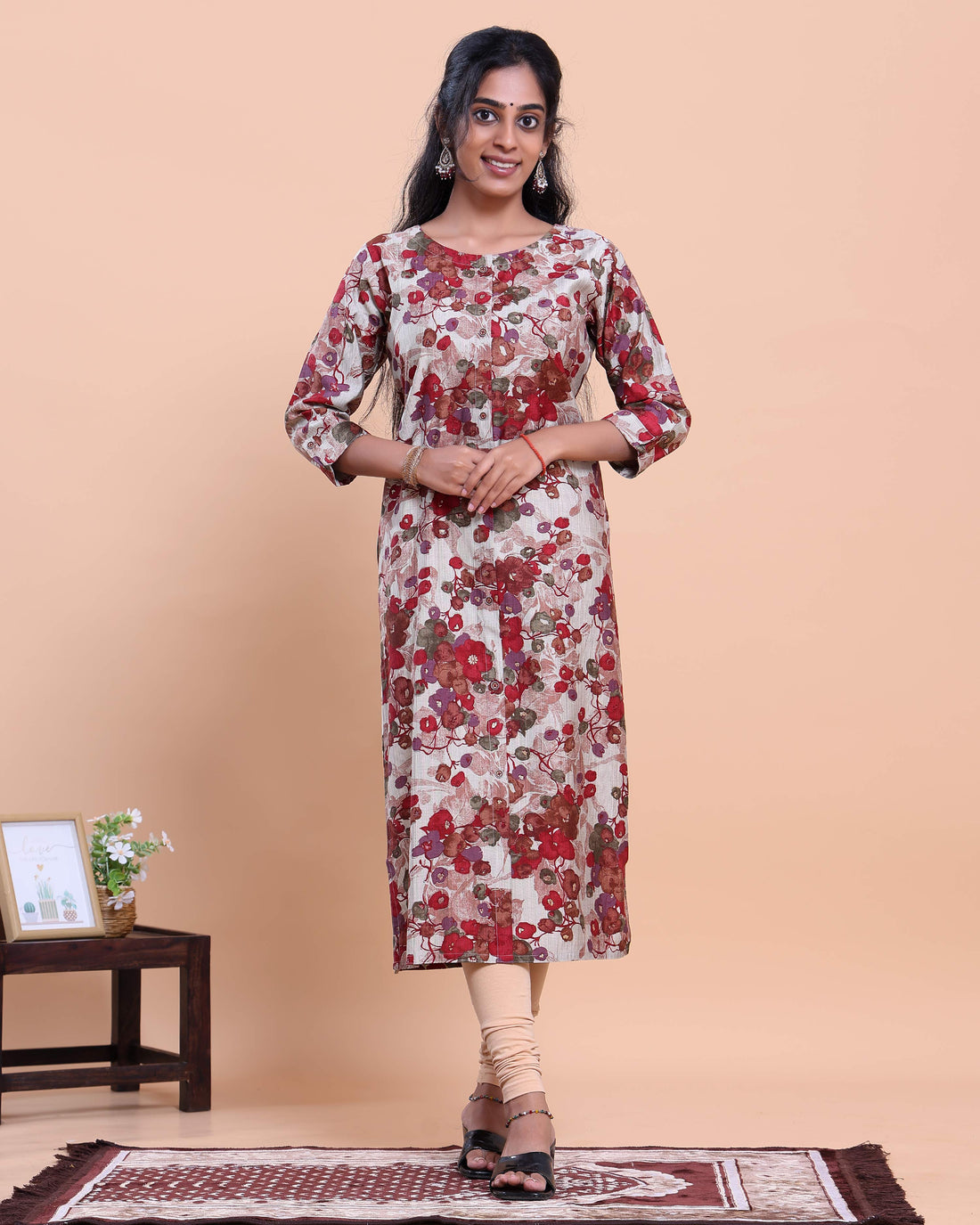 Women's Floral Printed Straight Kurta with 3/4th Sleeves - Off White
