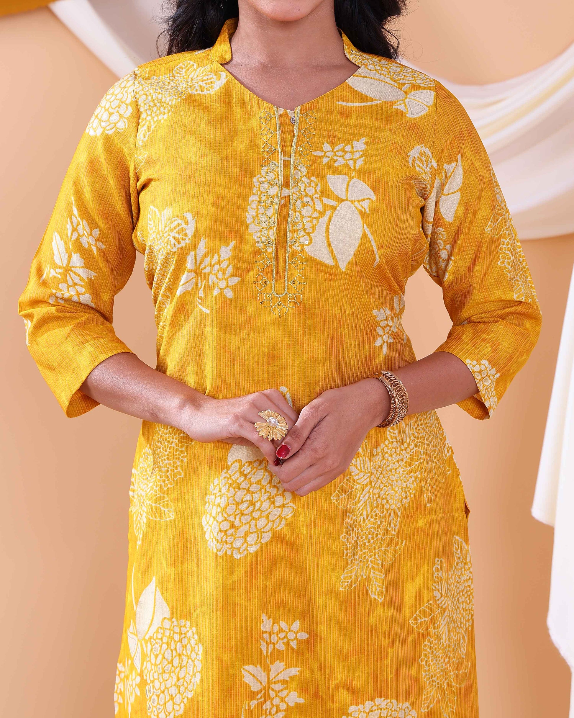 Women's Floral Printed Straight Kurta with 3/4th  Sleeves - Yellow-Side