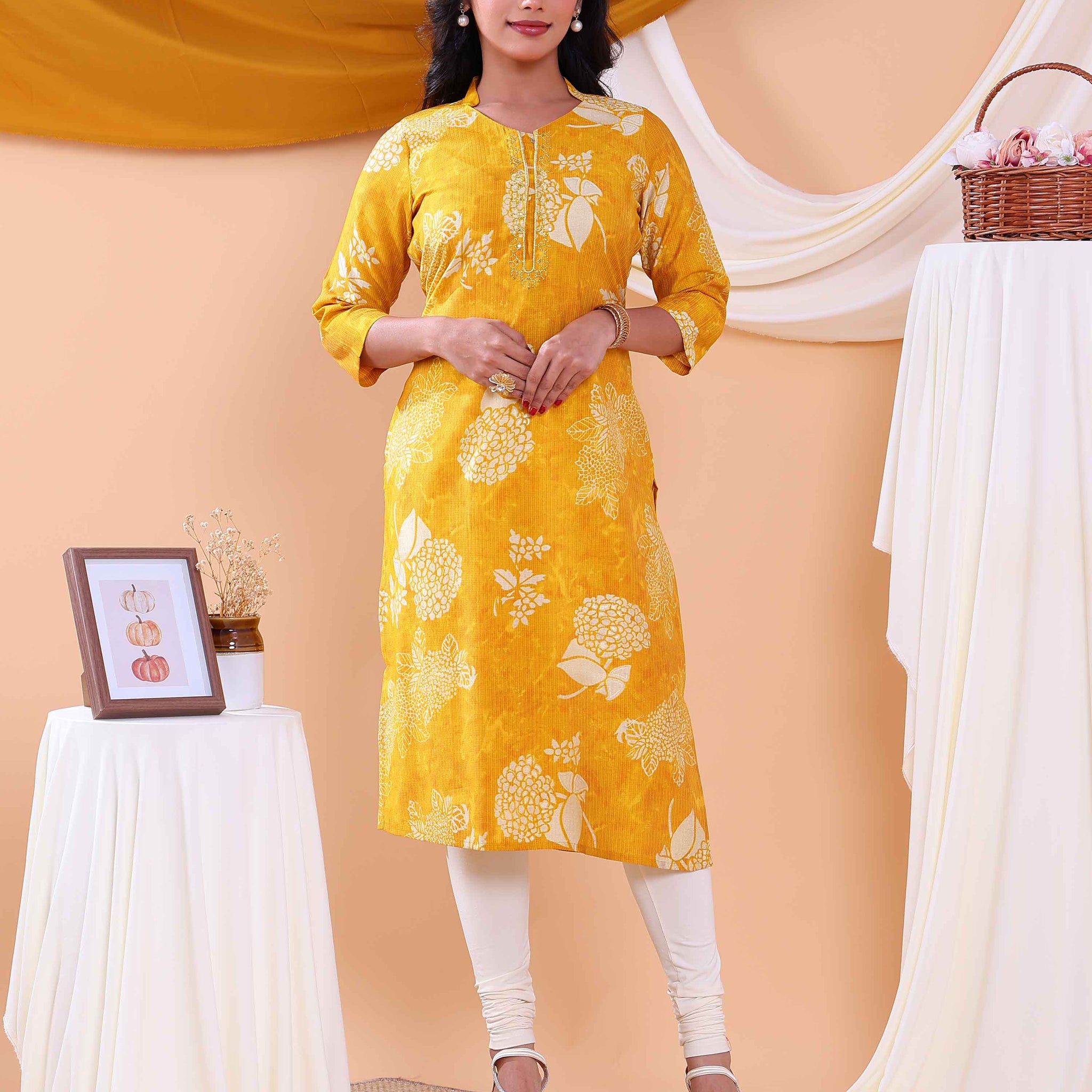 Women's Floral Printed Straight Kurta with 3/4th  Sleeves - Yellow