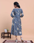 Women's Floral Printed Straight Kurta with Round Neck and 3/4th Sleeves - Blue