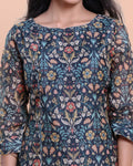 Women's Floral Printed Straight Kurta with Round Neck and 3/4th Sleeves - Navy Blue