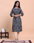 Women's Floral Printed Straight Kurta with Round Neck and 3/4th Sleeves - Navy Blue