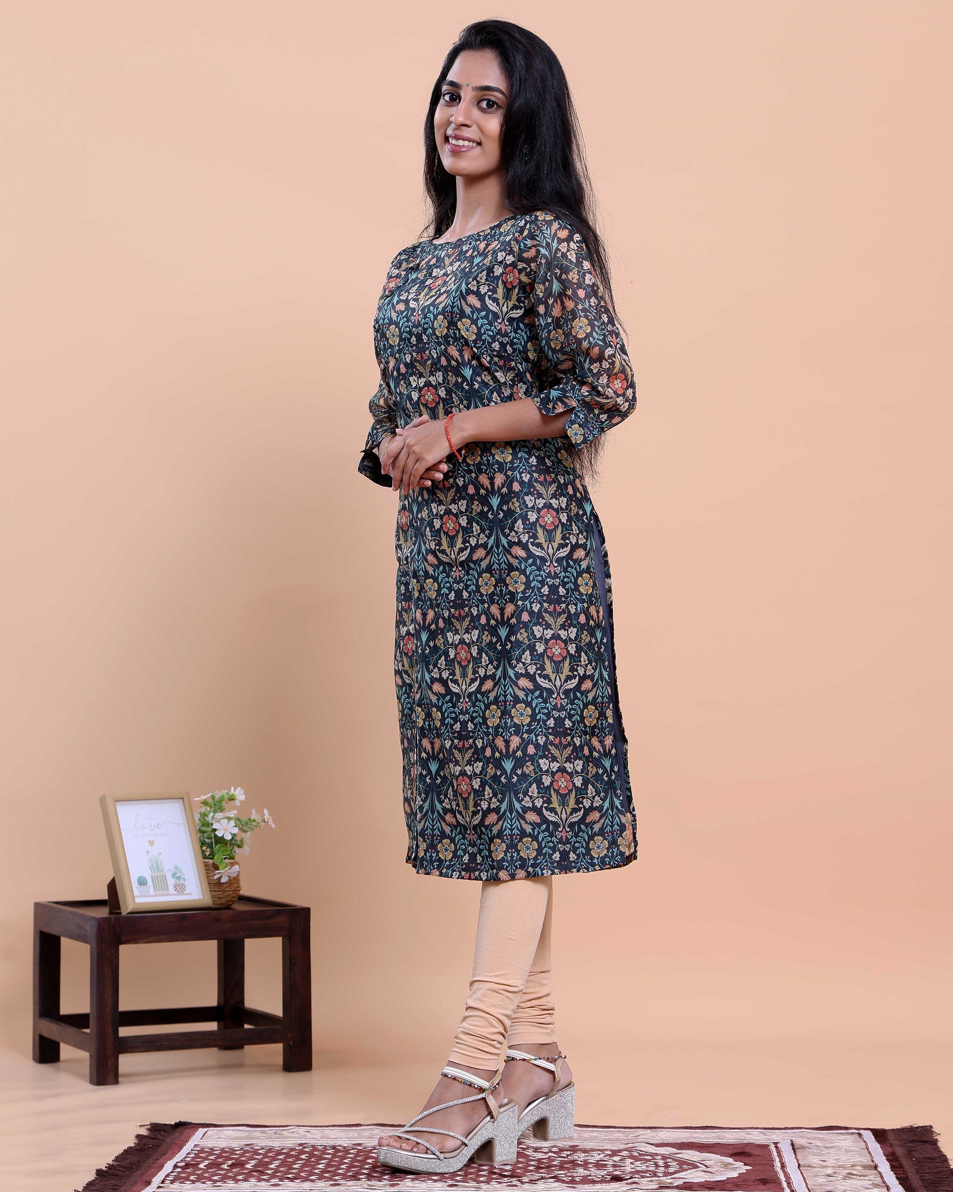 Women's Floral Printed Straight Kurta with Round Neck and 3/4th Sleeves - Navy Blue
