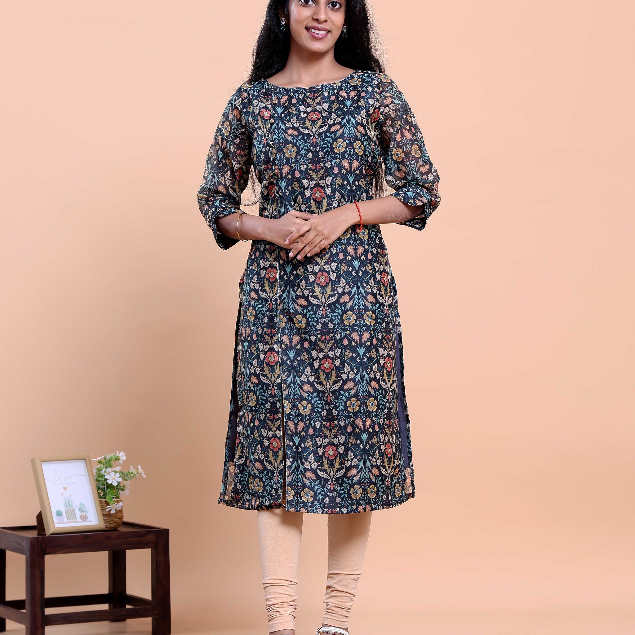 Women's Floral Printed Straight Kurta with Round Neck and 3/4th Sleeves - Navy Blue