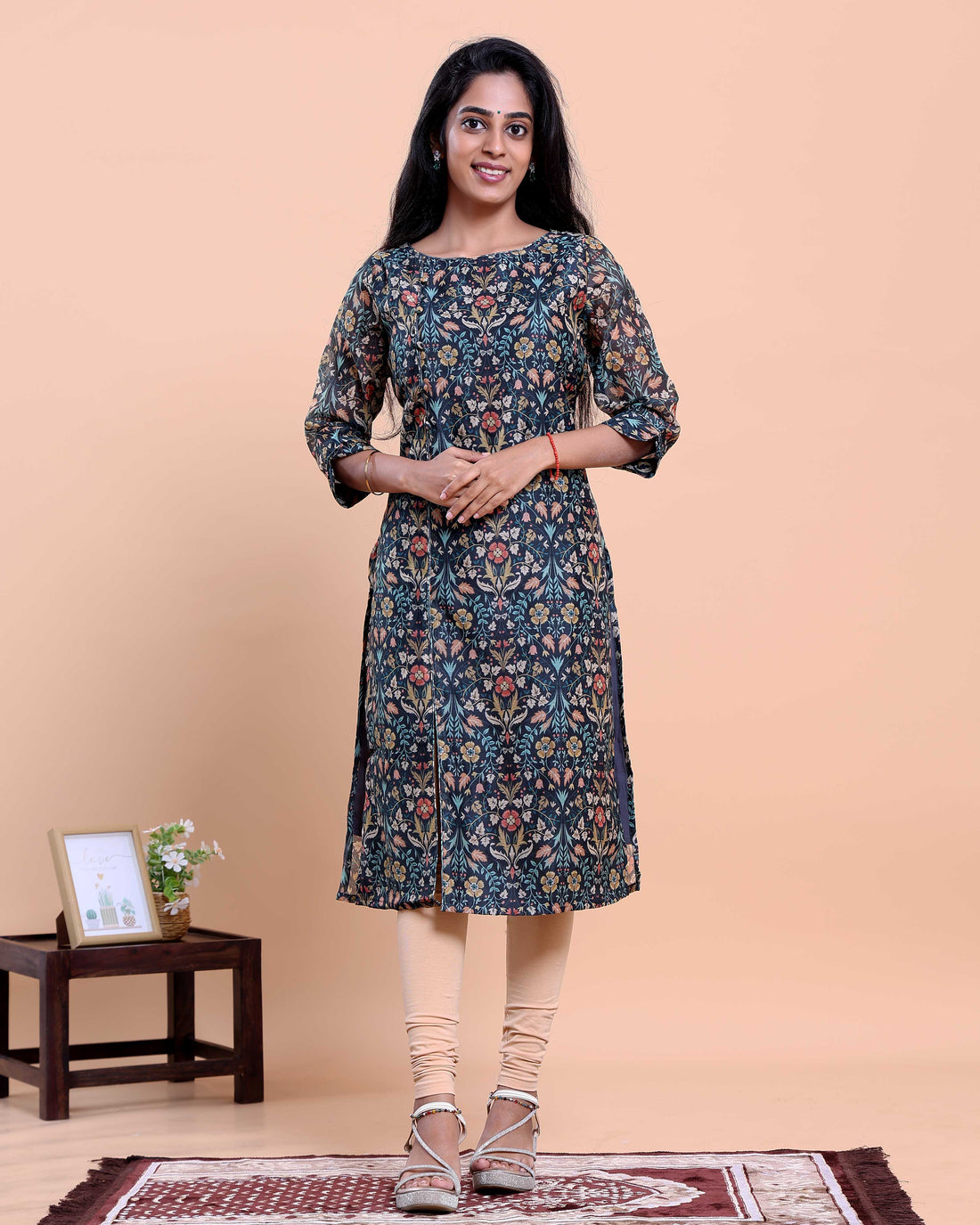 Women's Floral Printed Straight Kurta with Round Neck and 3/4th Sleeves - Navy Blue