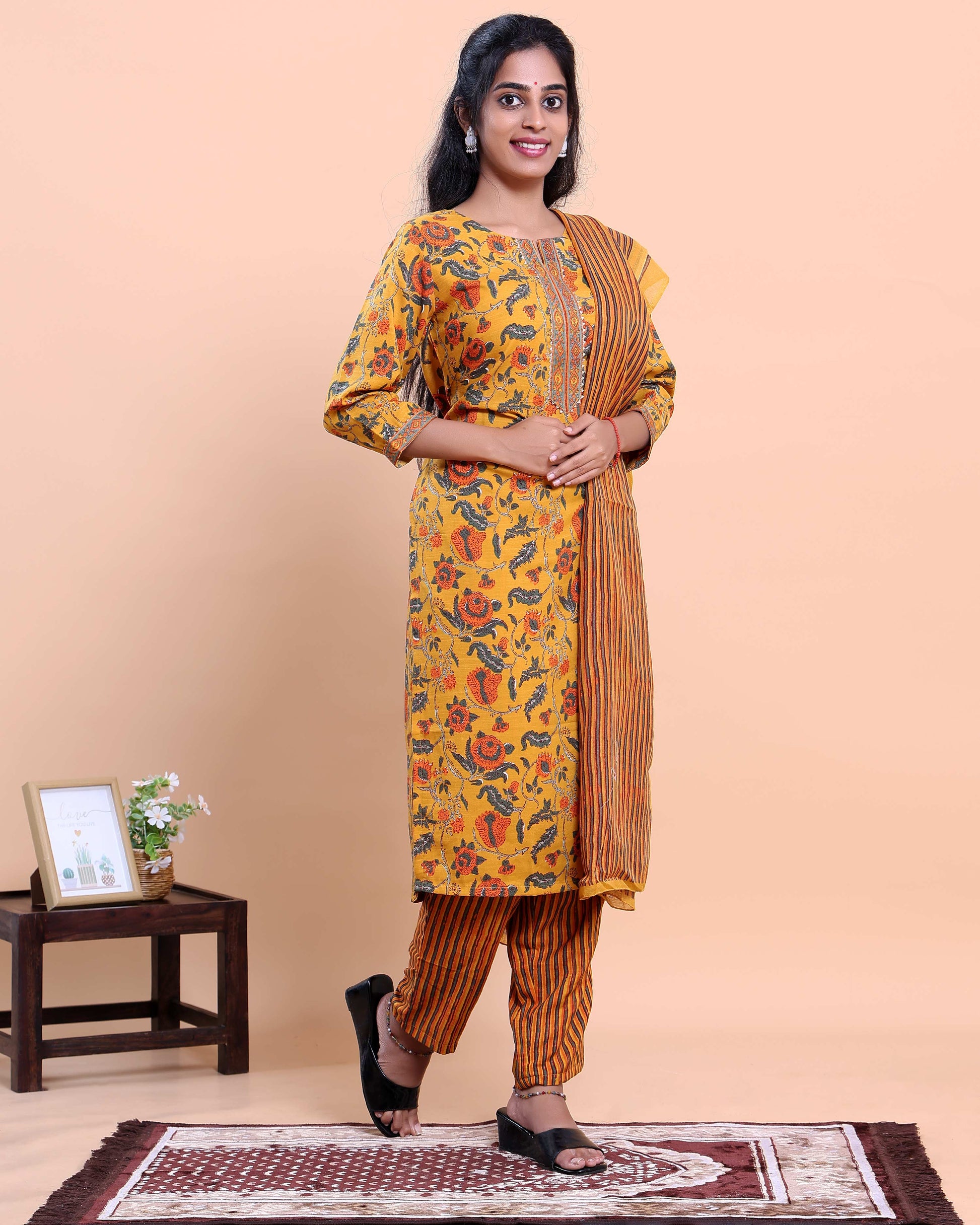 Women's Floral Printed Straight Kurta with Striped Pant and Dupatta - Yellow