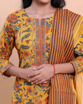 Women's Floral Printed Straight Kurta with Striped Pant and Dupatta - Yellow