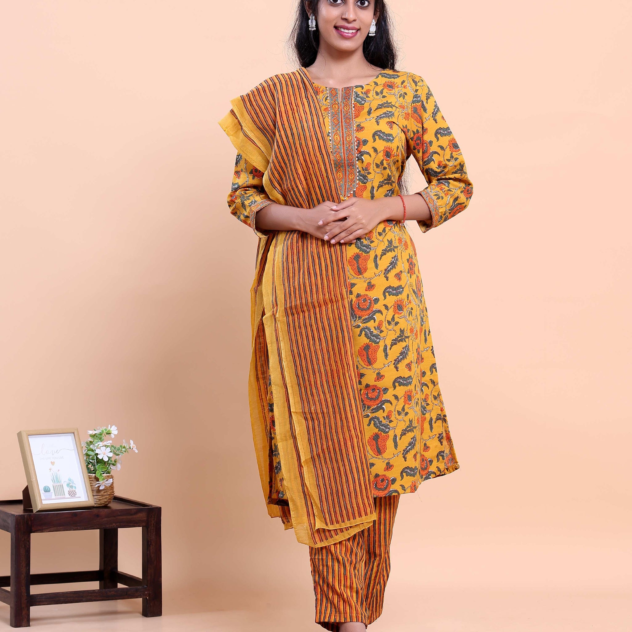 Women's Floral Printed Straight Kurta with Striped Pant and Dupatta - Yellow