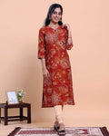 Women's Floral Printed Straight Kurta with V-Neck and 3/4 th Sleeves - Red