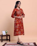 Women's Floral Printed Straight Kurta with V-Neck and 3/4 th Sleeves - Red